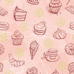Funny seamless pattern with  ice cream coffee cake croissant. Vector