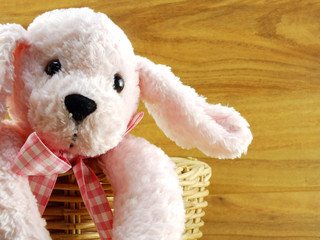 pink dog doll in the basket with wooden background