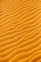 Sand Texture Background. Close up view of orange ripple sand pattern of dunes in desert. Nature elements details. 