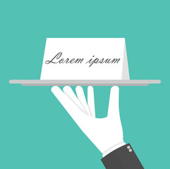 Hand holding or carrying paper card on a silver serving platter with white gloves. Flat design