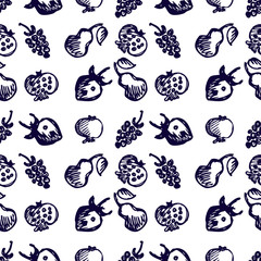 Seamless fruits vector pattern, background with strawberries, pomegranates, pears and blackberries. Hand sketch drawing. Imitation of ink drawing. Series of Fruits and Hand Drawn Patterns.