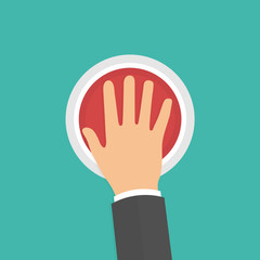 Obraz premium Hand pressing or pushing the big red button. Top view. Flat style