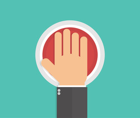 Hand pushing or pressing the big red button. Top view. Flat style