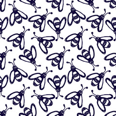 Seamless vector pattern, background with cute wasps on the white backdrop. Hand sketch drawing. Imitation of ink pencilling. Series of Insects and Hand Drawn Patterns.