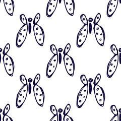 Seamless vector pattern, background with cute butterflies on the white backdrop. Hand sketch drawing. Imitation of ink pencilling. Series of Insects and Hand Drawn Patterns.