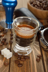 Espresso coffee in a glass cup