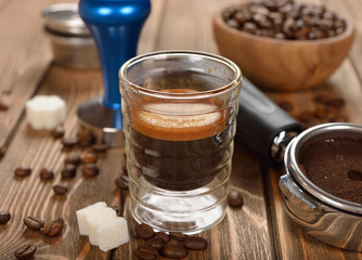 Espresso coffee in a glass cup