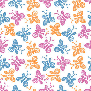 Seamless vector pattern, background with cute butterflies on the white backdrop. Hand sketch drawing. Imitation of ink pencilling. Series of Insects and Hand Drawn Patterns.