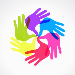 Conceptual circle of colorful hand prints