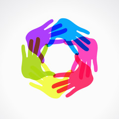 Conceptual circle of colorful hand prints