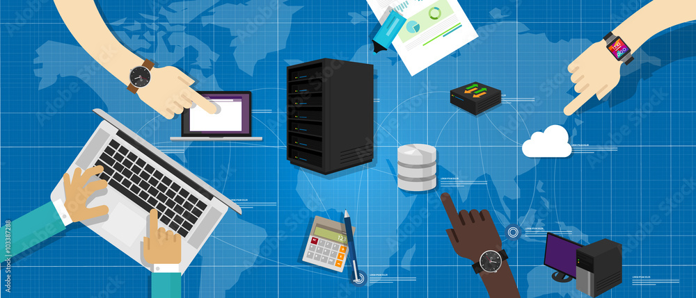 Aufkleber intranet network server database router cloud internet interconnected world map it infrastructure ma