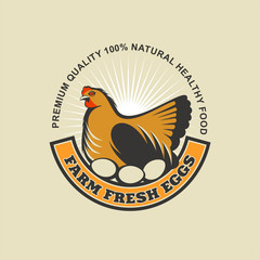 Fresh farm eggs. Vector logo, sign. The image of the chicken sit