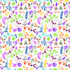 Seamless vector pattern, background with insects, fruits, flowers and leaves on the white backdrop. Hand sketch drawing. Imitation of ink pencilling. Series of Hand Drawn Patterns.