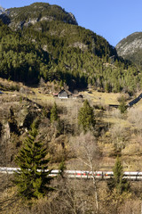 train passing under a chalet on a sunny slope near Wassen , Swit