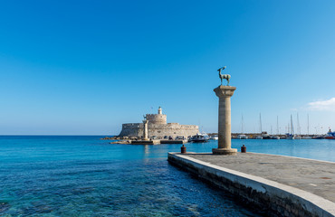 Mandraki harbor entrance, Rhodes Greece