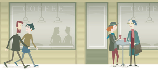 Vector illustration of a cafe terrace: a young and modern couple enjoying coffee, another couple walks ahead. 