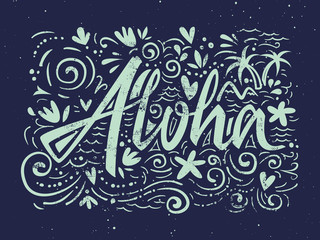 Aloha shirts to print. Hand lettering. Vector illustration. Summer composition. © Karma