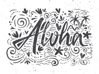 Aloha shirts to print. Hand lettering. Vector illustration. Summer composition.   © Karma