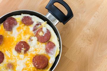 sausage and eggs fried together for traditional Turkish breakfast called as '' Sucuklu Yumurta ''