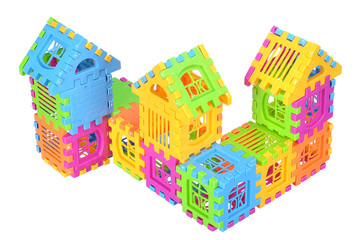 Multi color building pieces block create house isolated on white
