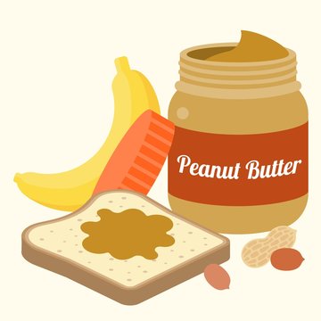 Vector peanut butter, bread, peanuts and banana, flat design