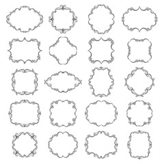 Fototapeta premium Set collection of empty blank ornamental vintage frames in black color. Page decoration. Vector illustration. Isolated on white background. Can use for birthday card, wedding invitations. 