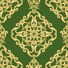 Seamless damask pattern. Gold and green texture in vintage rich royal style. Vector illustration. Can use as background for birthday card, wedding invitations, textile print, wallpaper, wrapping paper