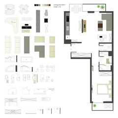Vector flat projection with furniture. Set. Scale 1:10