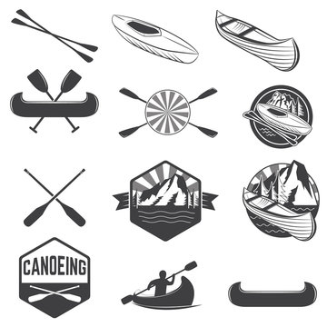 Set of canoeing labels and design elements