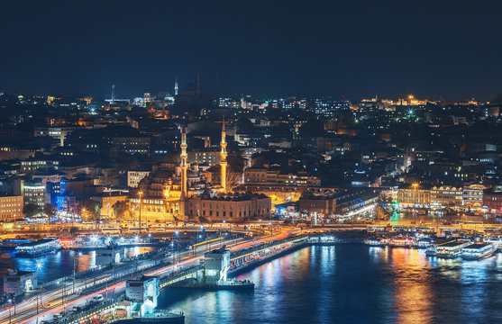 ISTANBUL. Galata Bridge during night from the Marmara sea.  Istanbul, Turkey