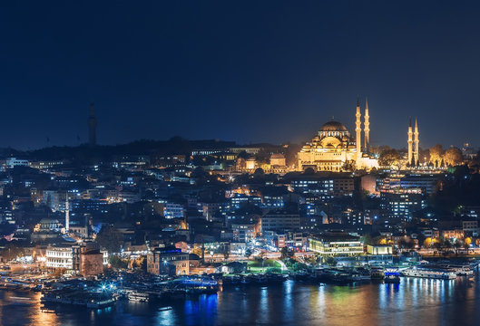 Suleymaniye Mosque during night from the Marmara sea . Istanbul, Turkey