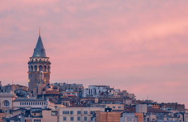 Turkey. Istanbul. Galata Tower on the sunrise.