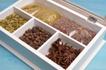 set of spices in a wooden box