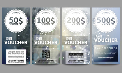 Set of modern gift voucher templates. DNA molecule structure on dark blue background. Science vector background