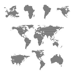 Black linear symbols set, world maps on white, vector illustration