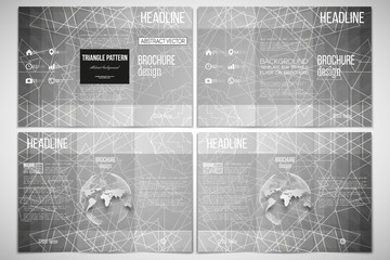 Vector set of tri-fold brochure design template on both sides with world globe element. Sacred geometry, triangle style, gray background