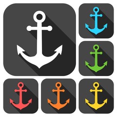 Anchor icons set with long shadow