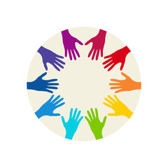 People colorful hands united together. Illustration of teamwork