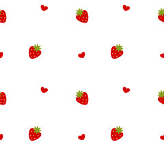 red lovely cute strawberries and hearts on white background seamless vector pattern illustration