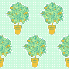 Seamless pattern of small tangerine tree in a pot