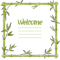 Bamboo leaf or cane watercolor frame. Welcome sign. Vector illus