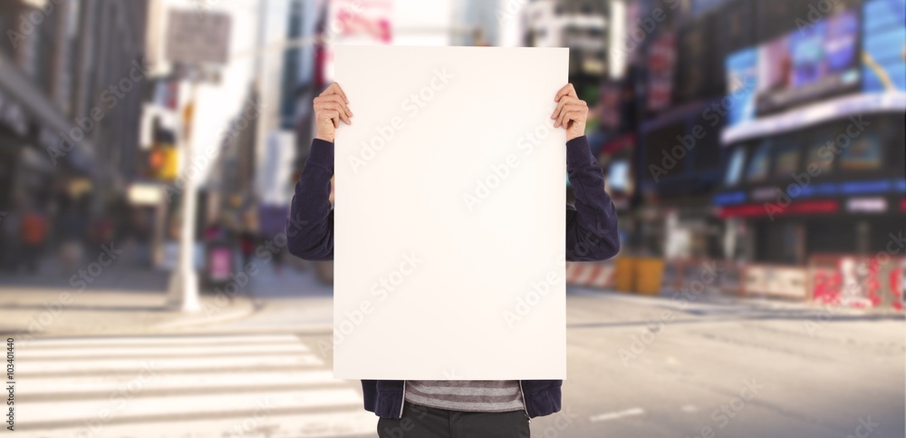 Poster composite image of man showing billboard in front of face