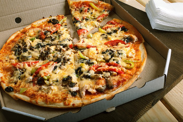 Delicious italian pizzas in box