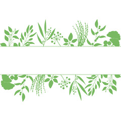 Green rectangle frame with collection of plants. Silhouette of branches isolated on white background