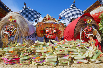 Barong Ket and 2 Rangda - traditional spirits of Bali island at temple ceremony Melasti before...
