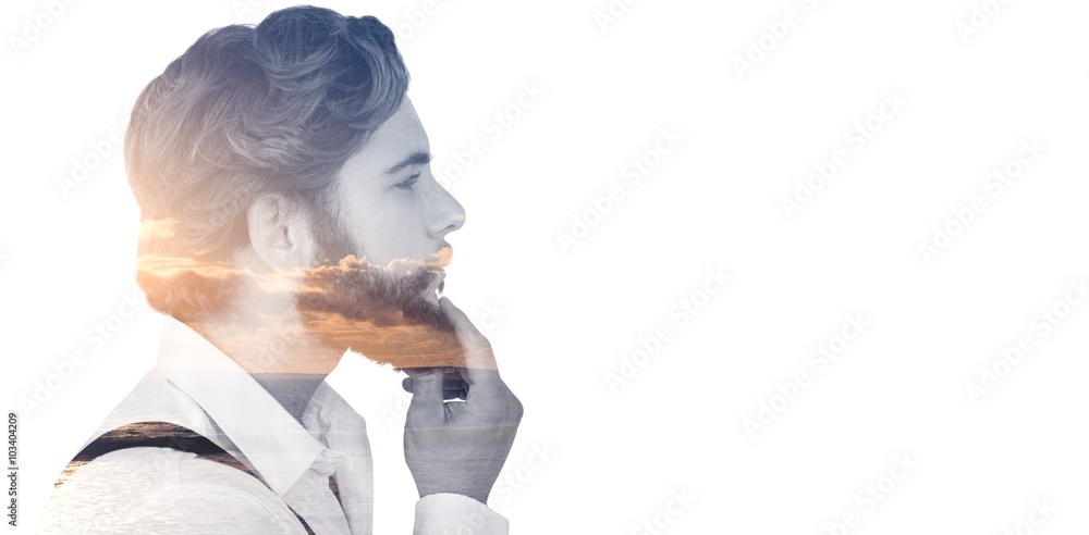 Poster composite image of profile view of hipster touching beard