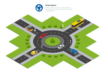 Roundabout, cars, roundabout sign and roundabout road. Asphalted Road Circle. Vector isometric illustration for infographics. City traffic. - obrazy, fototapety, plakaty