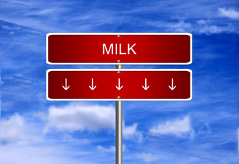 Milk price diet investment trading crash arrow going down falling industry bear market concept.