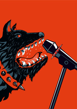 Big angry dog is barking into a microphone. Template for music posters. Heavy metal style.