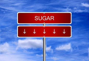 Sugar price diet investment trading crash arrow going down falling industry bear market concept.